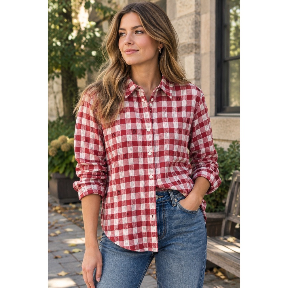 Vintage Donnkenny Red White Gingham Cotton Embroidered Button Down Shirt - Small